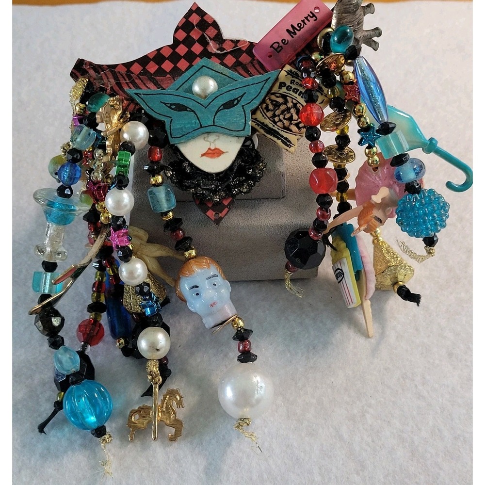 LOLO Vintage Maximalist Assemblage Brooch Harlequin Doll Peanut Charms